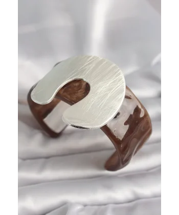 Kahverengi Mermer Desen Akrilik Plastik Gümüş Plaka Model Vintage Kadın Bilezik