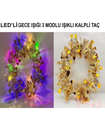 Kalp Püsküllü Gece Parıltısı 3 Modlu Led39li Işıklı Taç Altın Renk