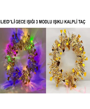 Kalp Püsküllü Gece Parıltısı 3 Modlu Led39li Işıklı Taç Altın Renk