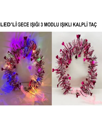 Kalp Püsküllü Gece Parıltısı 3 Modlu Led39li Işıklı Taç Fuşya Renk