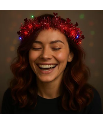 Kalp Püsküllü Gece Parıltısı 3 Modlu Led39li Işıklı Taç Kırmızı Renk