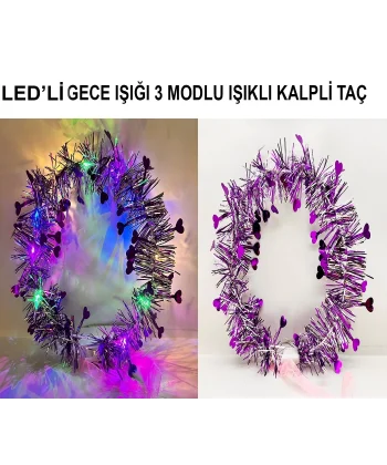 Kalp Püsküllü Gece Parıltısı 3 Modlu Led39li Işıklı Taç Mor Renk