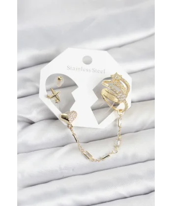 Kalp Yıldız Model Pirinç Gold Renk Zincir Bağlantılı Ear Cuff Küpe Seti