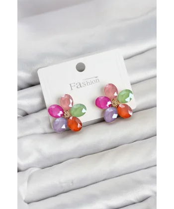 Karışık Renk Kristal Taşlı Çiçek Model Kadın Küpe