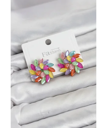 Karışık Renk Kristal Taşlı Çiçek Model Kadın Küpe