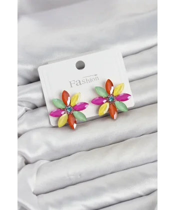 Karışık Renk Kristal Taşlı Lotus Çiçek Model Kadın Küpe