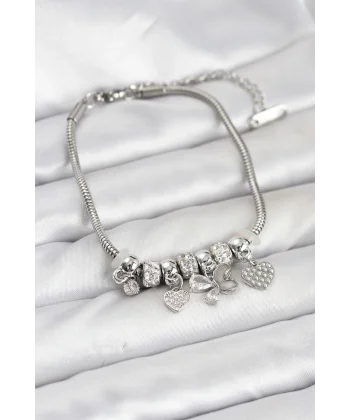 Kelebek Charmlı Gümüş Renk Kadın Bileklik