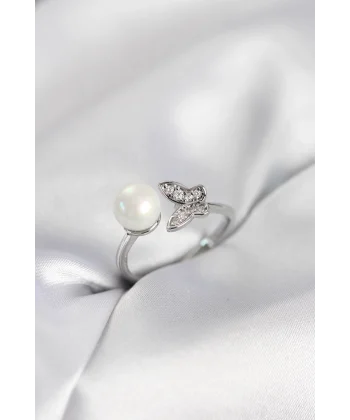 Kelebek İncili Model Gümüş Renk Zirkon Taşlı Kadın Yüzük