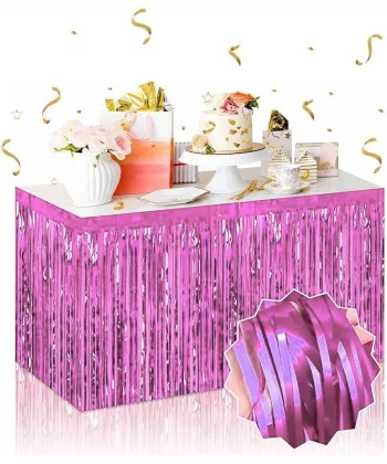 Kendinden Yapışkanlı Pembe Metalize Püsküllü Masa Eteği – 75 X 275 Cm Parti Süslemesi