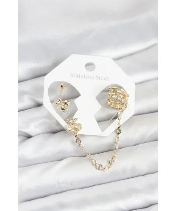 Kiraz Model Pirinç Gold Renk Zincir Bağlantılı Ear Cuff Küpe Seti