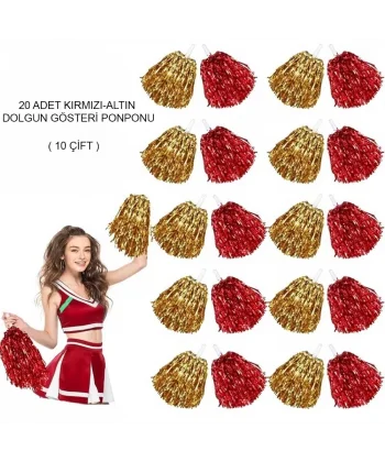 Kırmızı Altın Metalik Dolgun Gösteri Ponponu 20 Adet (10 Çift)