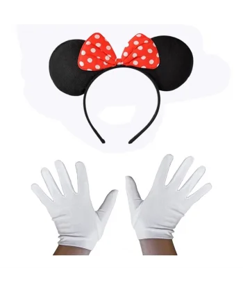 Kırmızı Fiyonklu Minnie Mouse Tacı Ve Beyaz Eldiven Seti
