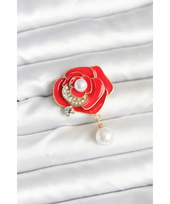 Kırmızı Gül İncili Model Broş