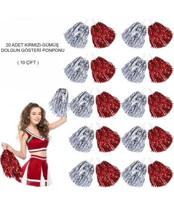 Kırmızı Gümüş Metalik Dolgun Gösteri Ponponu 20 Adet (10 Çift)