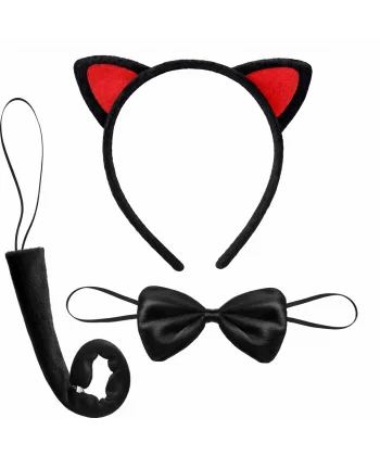 Kırmızı Kulaklı Kedi Kostüm Seti – Taç Papyon Kuyruk 3 Parça