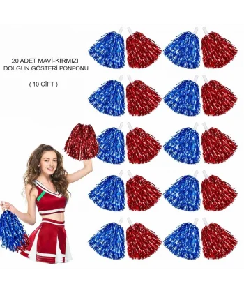 Kırmızı Mavi Metalik Dolgun Gösteri Ponponu 20 Adet (10 Çift)