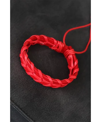 Kırmızı Örgü Deri Erkek Bileklik