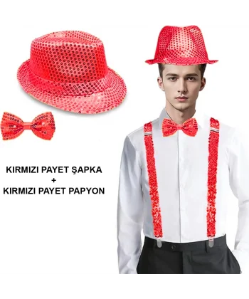 Kırmızı Payetli Şapka Ve Papyon Seti – Parıltılı Yetişkin Kostüm Seti