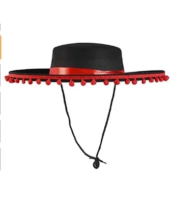 Kırmızı Ponponlu Siyah Renk Çocuk İspanyol Şapkası