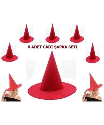 Kırmızı Renk Keçe Cadı Şapkası Yetişkin Çocuk Uyumlu 6 Adet