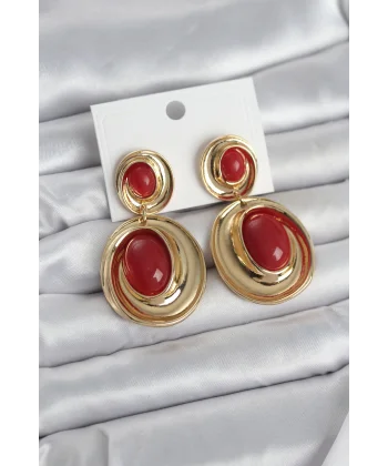 Kırmızı Sallantılı Damla Model Gold Renk Vintage Kadın Küpe