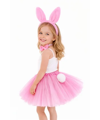 Kız Çocuk Tamamen Pembe Tavşan Kulaklı Kostüm Seti – Tütü Etekli 4 Parça