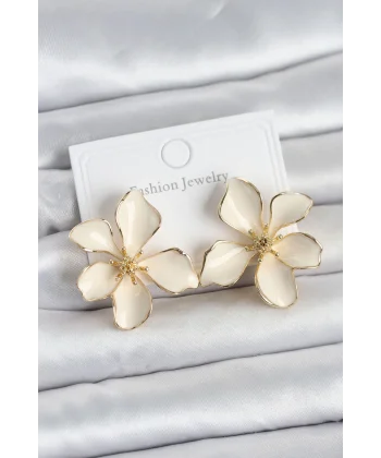 Krem Mineli Çiçek Model Pirinç Kadın Küpe