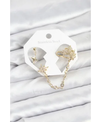 Kutup Yıldızı Model Pirinç Gold Renk Zincir Bağlantılı Ear Cuff Küpe Seti