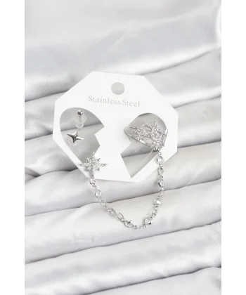 Kutup Yıldızı Model Pirinç Gümüş Renk Zincir Bağlantılı Ear Cuff Küpe Seti