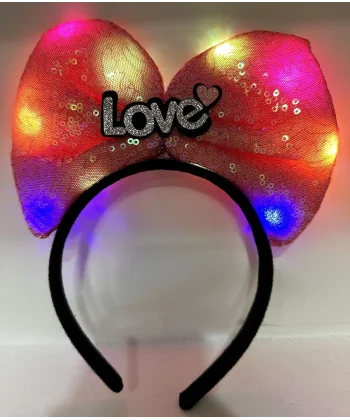 Led Işıklı 3 Farklı Fonksiyonda Yanan Gümüş Love Yazılı Fuşya Pembe Fiyonk Taç 20x17 Cm