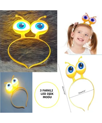 Led Işıklı  Pilli 3 Farklı Modda Yanan Uzaylı Göz Parti Tacı Sarı Renk 18x12 Cm