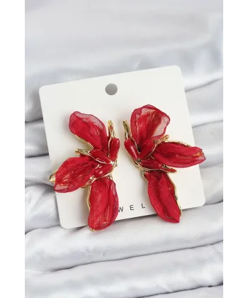 Lotus Model Kırmızı Renk Tüllü Kadın Küpe