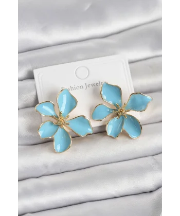 Mavi Mineli Çiçek Model Pirinç Kadın Küpe