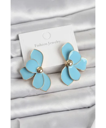 Mavi Mineli Lotus Model Pirinç Kadın Küpe