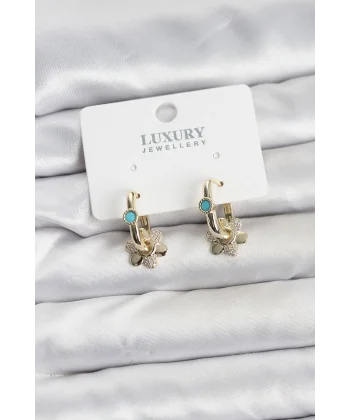 Mavi Taş Detaylı Pirinç Gold Renk Kadın Göçmen Küpesi