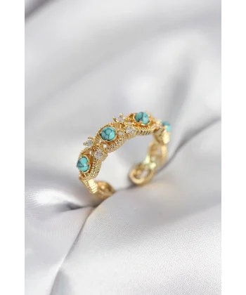 Mavi Taşlı Gold Renk Vintage Kadın Yüzük