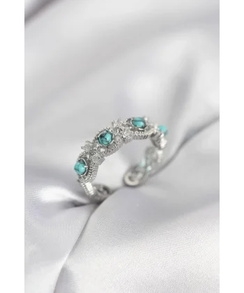 Mavi Taşlı Gümüş Renk Vintage Kadın Yüzük