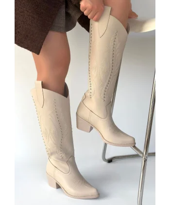 Meof Bej Cilt Topuklu Çizme