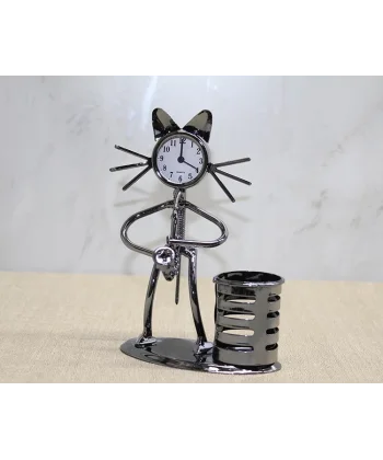 Metal Saksafon Çalan Kedi Müzisyen Saat Ve Kalemlik Alk4343