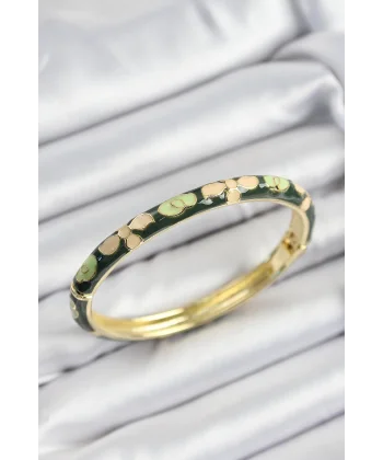 Mineli Pirinç Krem Ve Yeşil Çiçek Motifli Gold Renk Kadın Kelepçe