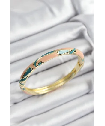 Mineli Pirinç Krem Ve Yeşil Mermer Motifli Gold Renk Kadın Kelepçe