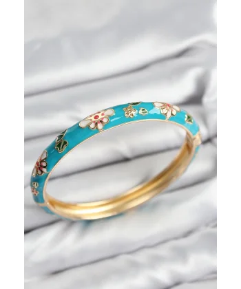 Mineli Pirinç Mavi Çiçek Motifli Gold Kadın Kelepçe