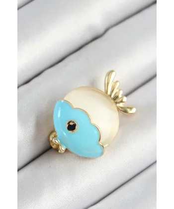 Mineli Turkuaz Ve Krem Balık Figürlü Gold Renk Kadın Broş