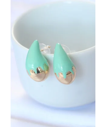 Minimal Turkuaz Mineli Çift Renk Damla Küpe