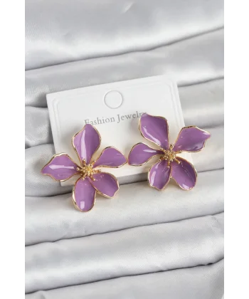 Mor Mineli Çiçek Model Pirinç Kadın Küpe