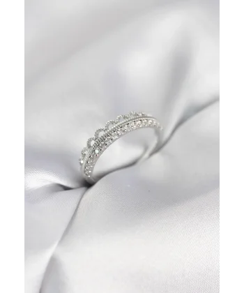 Motif Desenli Gümüş Renk Zirkon Taşlı Kadın Yüzük