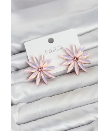 Pembe Kristal Taşlı Lotus Model Kadın Küpe
