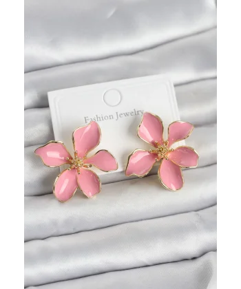 Pembe Mineli Çiçek Model Pirinç Kadın Küpe