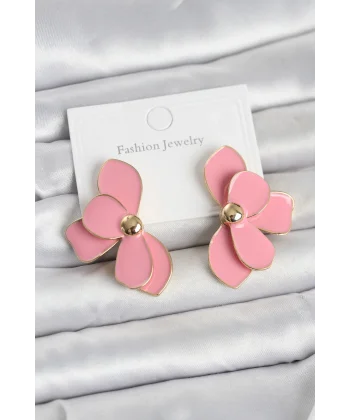 Pembe Mineli Lotus Model Pirinç Kadın Küpe