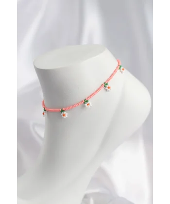 Pembe Renk Boncuklu Papatya Motifli Halhal